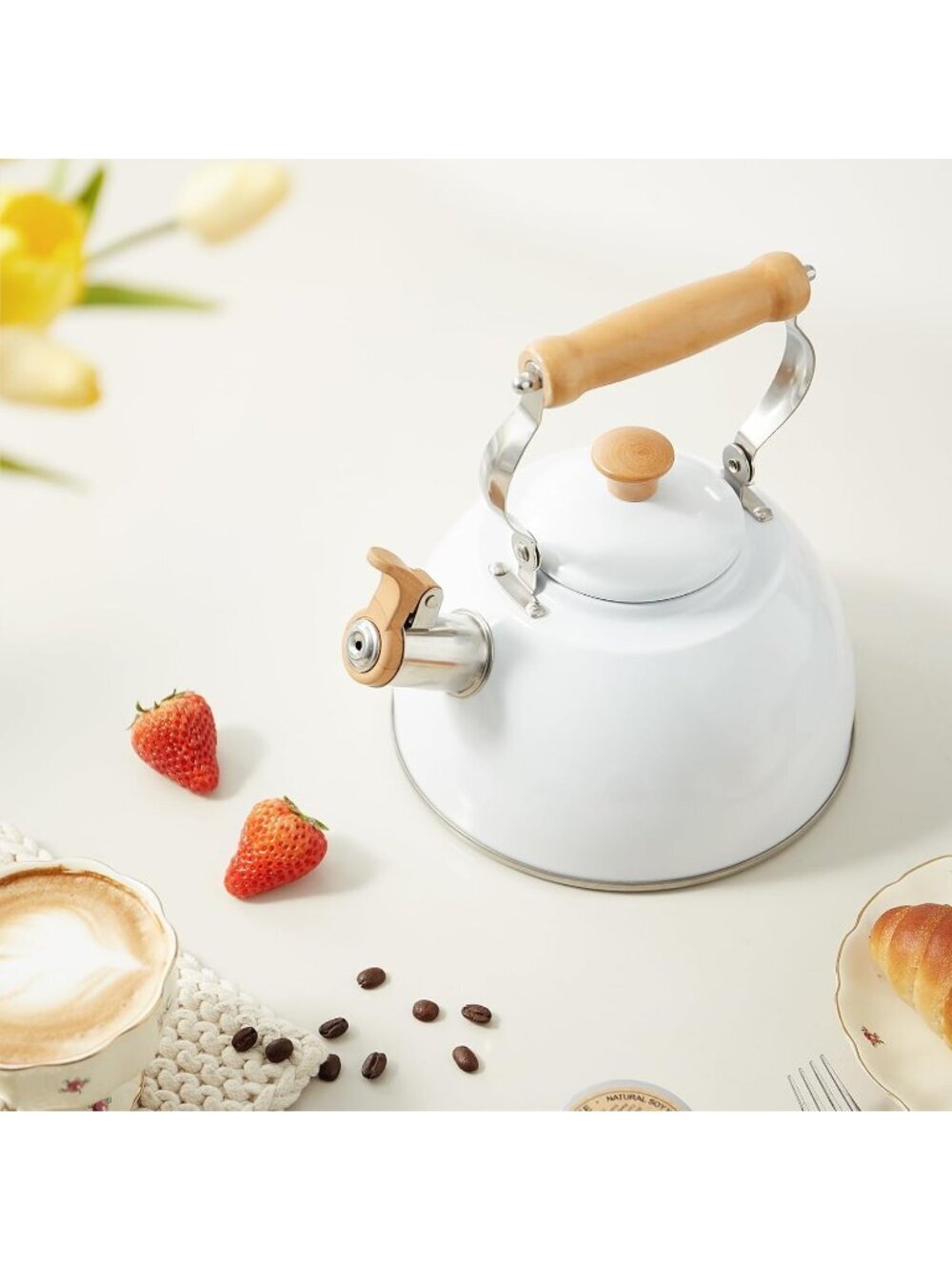 ROCKURWOK 1.6 Quart White Whistling Tea Kettle Stainless Steel Stovetop Tea Pot - Picture 3 of 6